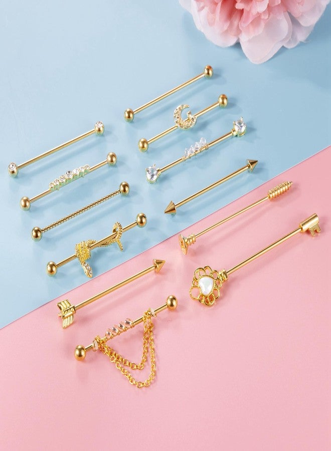 LOREMOW 12Pcs 14G Stainless Steel Industrial Barbell Earrings for Women Men Cartilage Helix Piercing Jewelry Industrial Piercing Bar 38MM Gold - Image 2